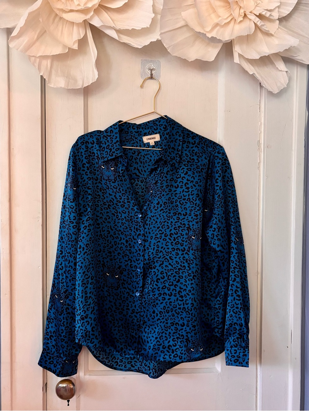L’AGENCE | Medium | Teal Leopard Print Button-Up Blouse
